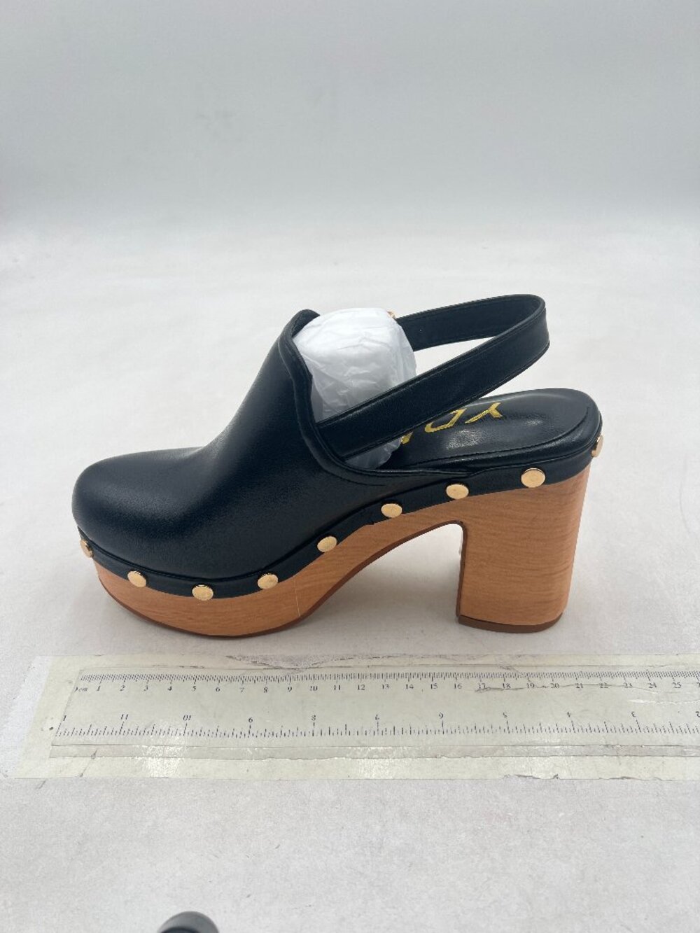 YDN Black Round Toe Studded Slingback Strap Buckles Platform Block Heels Pumps